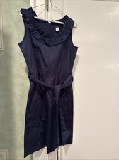 J Crew Sleeveless Cotton Dress, Frilled Collar, Belt Waist, Navy, 6
