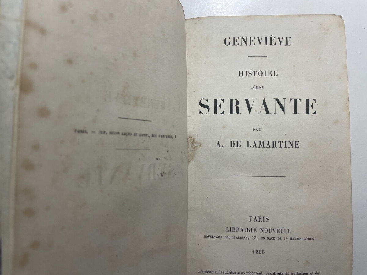 Antico Libro de Lamartine Genevieve Histoire d'une servante 1855