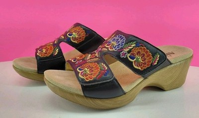 Alegria Sandal Heel. Linn Needle & Pons Black/Multicolor Embroidered Floral. 38