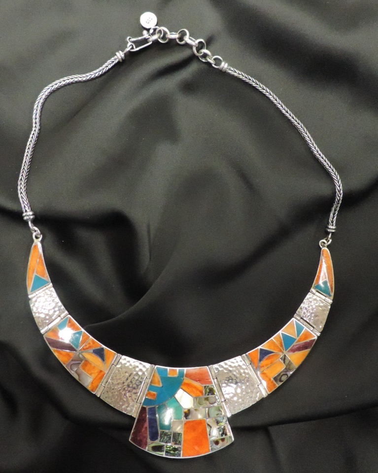 950 Silver Peruvian Inca Style Bib Mosaic Necklace, Semi Precious ...