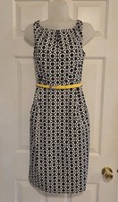 Nine West Sheath Dress Women Sz 4 Blk & White Print w/ Yellow Belt Modcore Chic