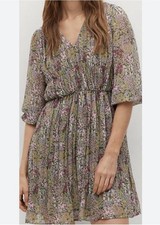 MANGO Floral Printed Boho Pleated Knee Length Flowy Chiffon Dress US Sz 4