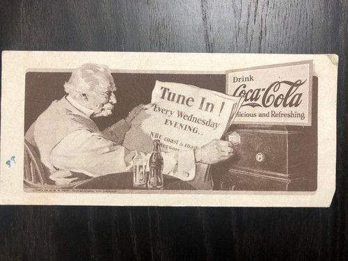 Vintage 1931 Coca Cola Ink Blotter -Slogan: Tune In! Every Wednesday NBC Coast