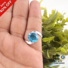 Valentines Deal Swiss Blue Topaz Stone Handcrafted Band Ring Jewelry 925 Silver