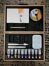 Daler Rowney Art Supply Set Kit, 10 Paints, DVD, Wooden Case, Used