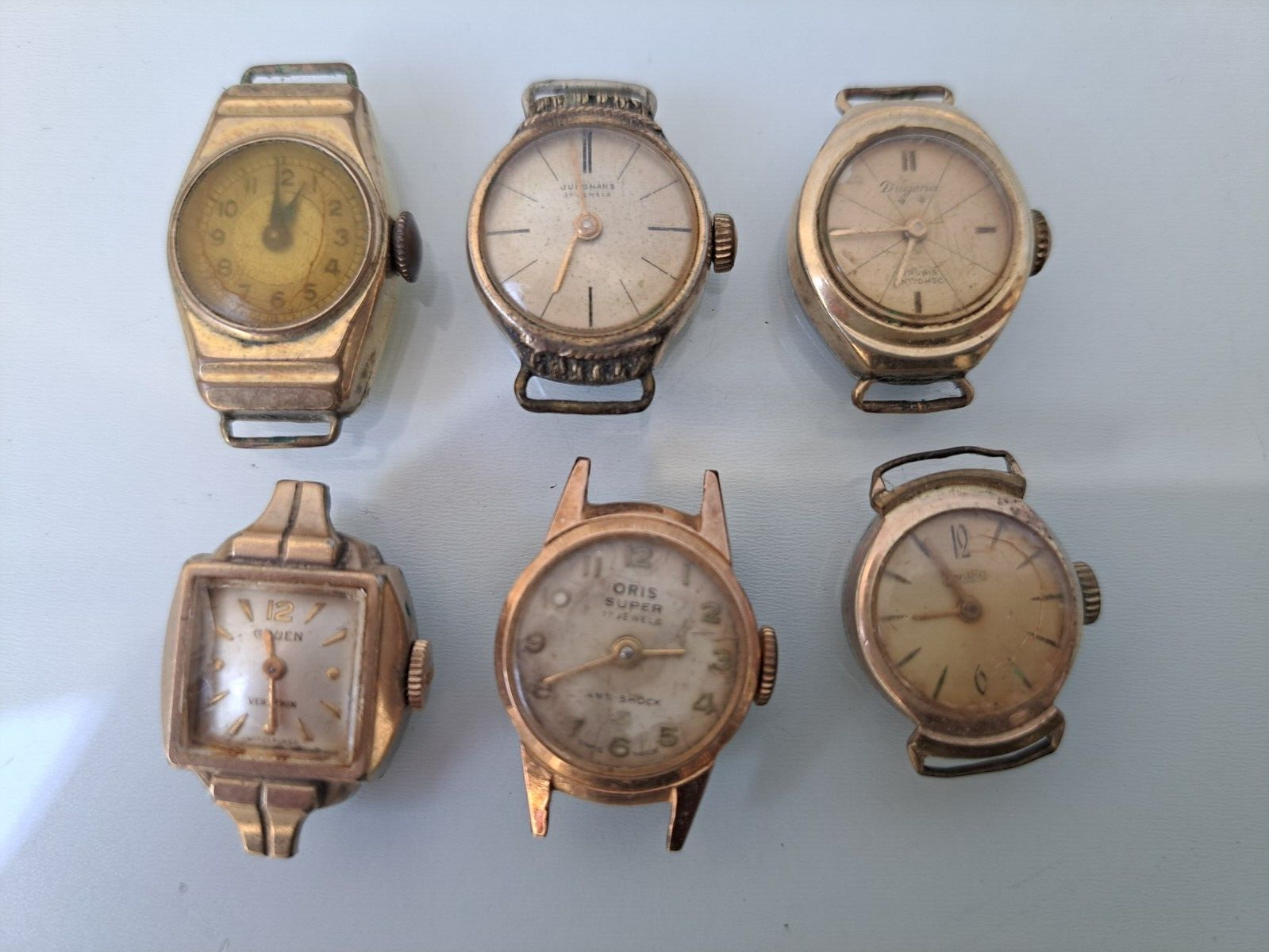 6 old Watches, Wristwatches: Green, Dugena, Oris, Junghans, Zentra