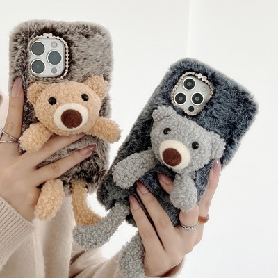 For Infinix Warm Plush Doll Bear Case Cute Cartoon Soft Phone Back Cover Stand
