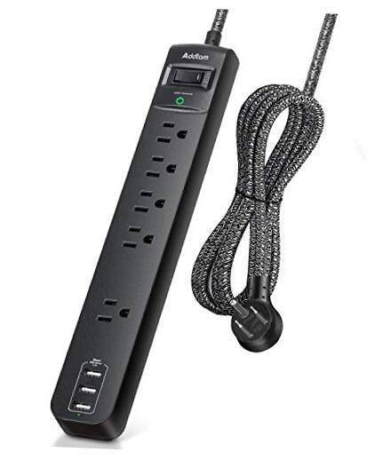 10 Ft Power Strip Surge Protector- 5 Outlets 3 USB Ports, Flat Plug 10 FT