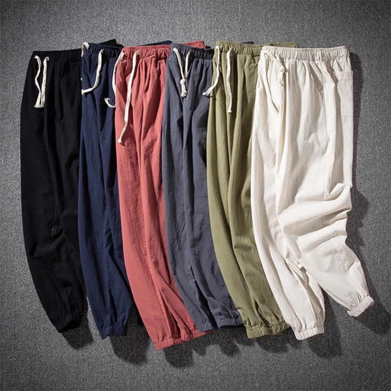 Men Ankle Length Pants Trousers Cotton Linen Loose Solid Casual Elastic  Waist