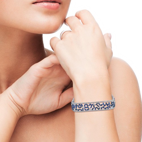 7.39ct Sapphire Baguette Diamond Bangle Bracelet 18k White Gold - Picture 2 of 6