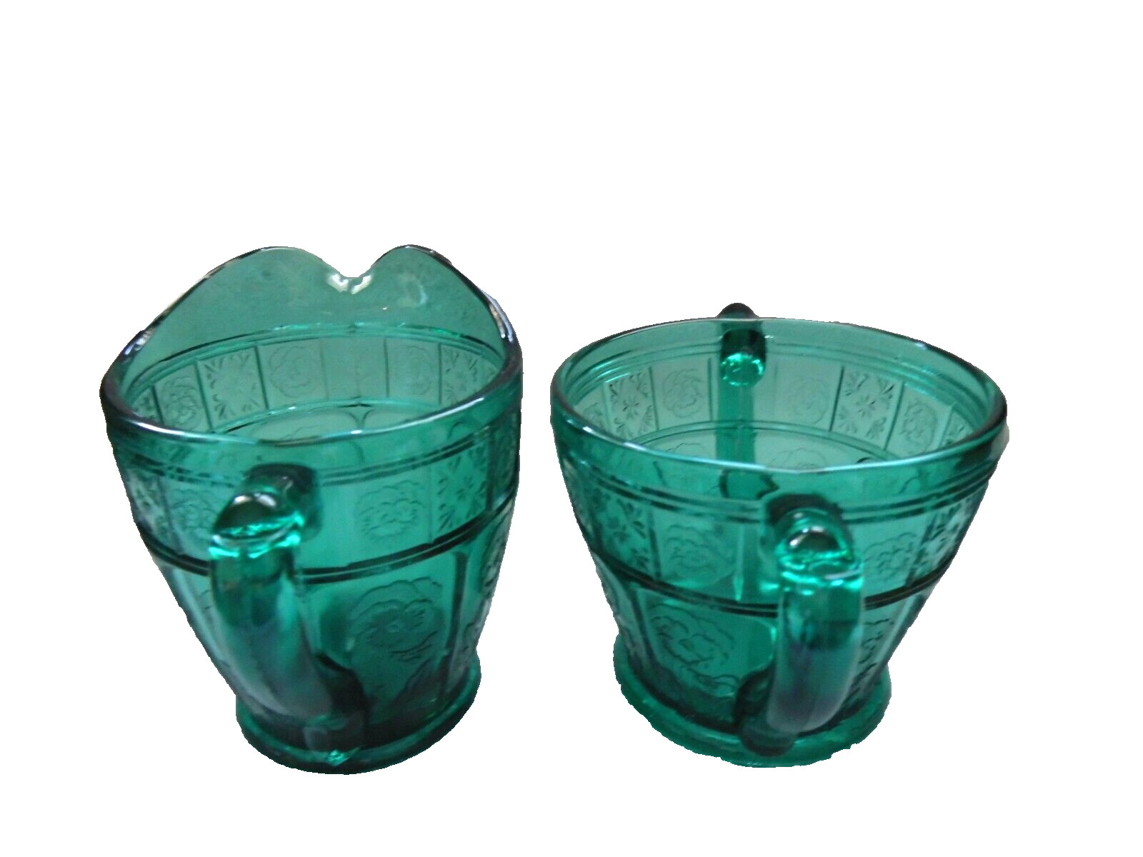 Jeannette Glass Ultramarine Doric & Pansy Reg Size Creamer & Open Sugar, RARE!