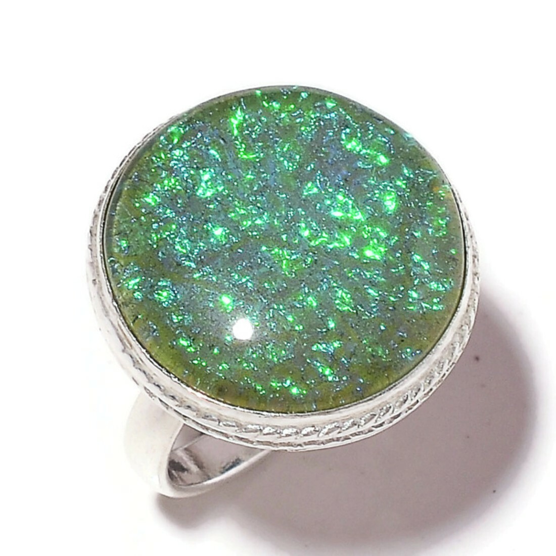 Green Dichroic Glass Round Gemstone Silver Overlay Handmade Statement Ring US-9
