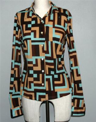 Sisley Italy Geometric Lines Squares L/S Blouse Wm's M? Brown Tan Aqua EXC