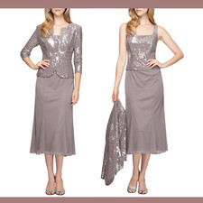 NWT 195 Alex Evenings 12 Sequin Midi Dress Jacket in Pewter Frost S162