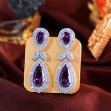 Exquisite Silver Plated CZ Purple Long Leaf Teardrop Dangle Earrings for Brides