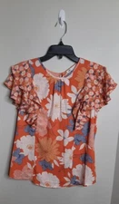 DR2 Womens Flutter Sleeve Blouse Size S Orange Floral Beachy Summer Feminine 
