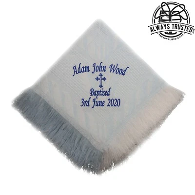 Chal de bautizo personalizado bautismo azul recuerdo curvo escritura azul