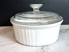 CORNING WARE FRENCH WHITE ROUND SERVING SOUFFLE PAN F5B CASSEROLE DISH WITH LID