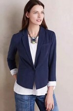 NWT Anthropologie Cartonnier Size 2 Blazer Jacket Navy Blue Single Button 138