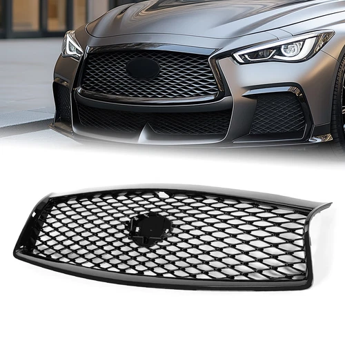 For 2014 2015 2016 2017 Infiniti Q50 Sedan Gloss Black Front Mesh Bumper Grille - Picture 24 of 24