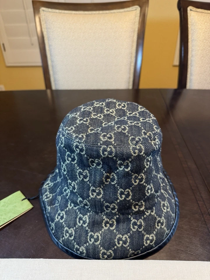 New Gucci GG Supreme Logo Denim Black Gray Bucket Hat Size S - Image 2 of 4