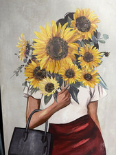 Woman Holding Sunflower Bouquet Portrait Painting, Contemporary, Unframed