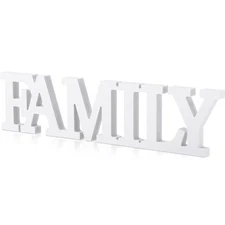 Rustic Wood Family Sign - Wooden Table Decor with Family Words - White