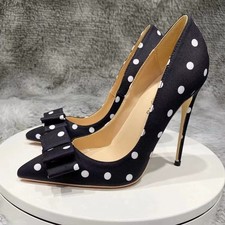Women Satin Polka Dot Pumps Pointed Toe Stiletto High Heels Party Evening Shoes