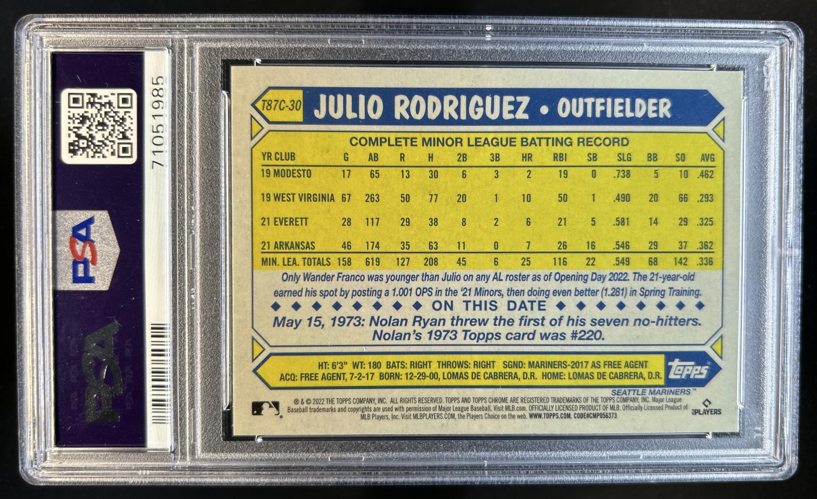 2022 Topps Update Julio Rodriguez 1987 Chrome Silver Packs RC #T87C-30 PSA 10 view 2