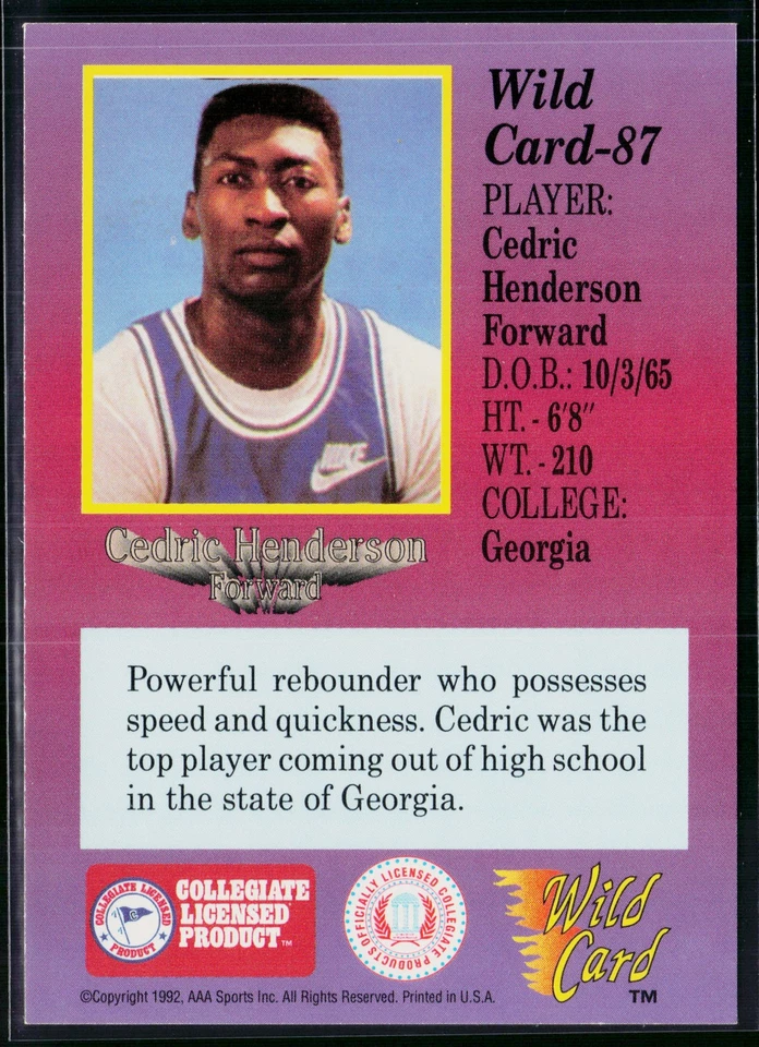 Cedric Henderson 1991-92 Wild Card #87 Georgia Bulldogs - Image 2 of 2