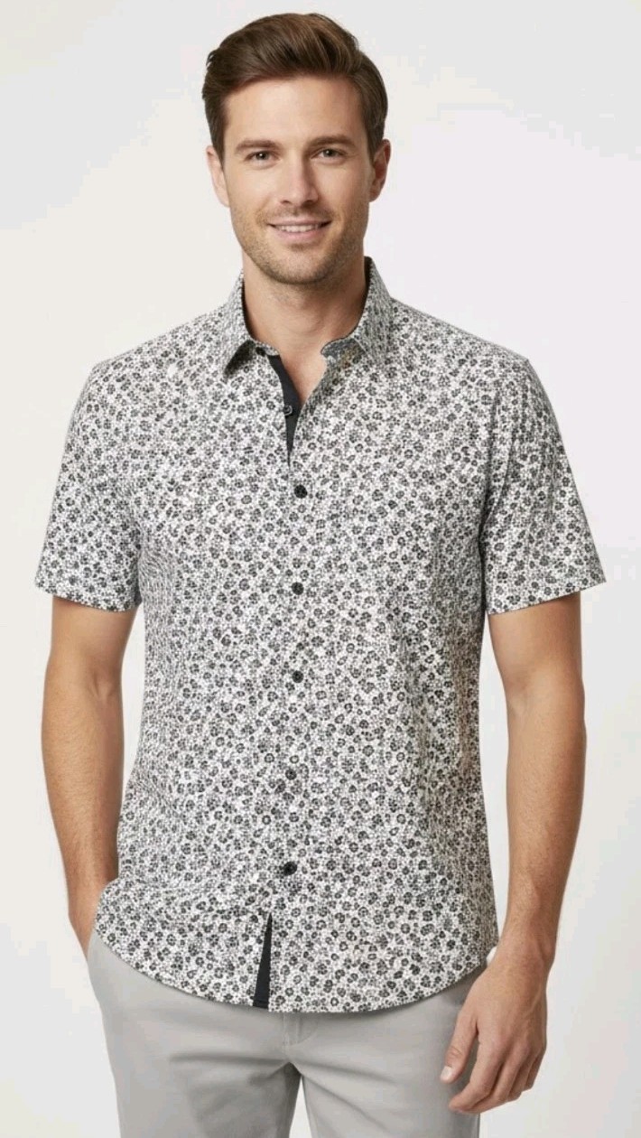 Silver Stone Collection Men’s Shirt L Modern Fit White Black Floral Short Sleeve