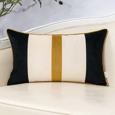 Patchwork Lumbar Throw Pillow Cover Striped Velvet Cushion 12 x 20 Black
