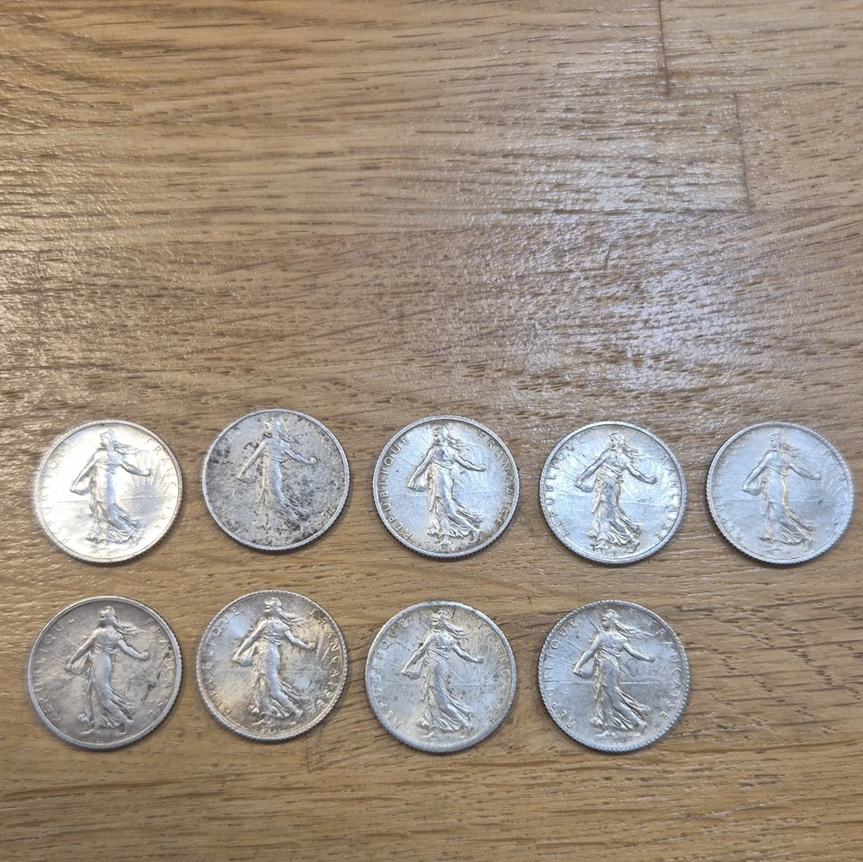 Lot 9 pièces France 1 Franc Argent Semeuse 1915-1917 « République Française » - Photo 2/4