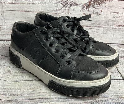 GIORGIO ARMANI 黒革タグ Giorgio Armani Men's Logo-Embellished Leather Sneakers Black 6.5