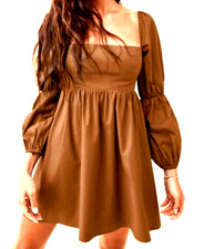Babydoll Mini Dress S Square Neck Puff Sleeve Brown Boho Prairie Y2K