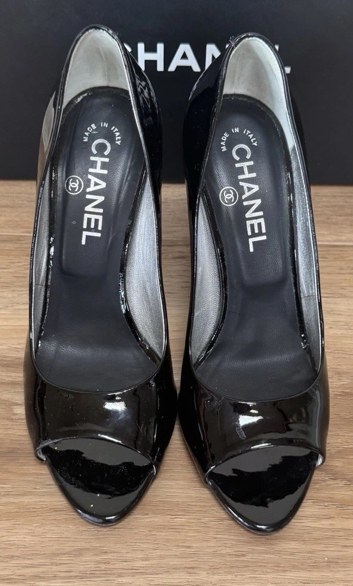 CHANEL Black Patent Leather Peep Toe CC Logo Silver Heel Pumps