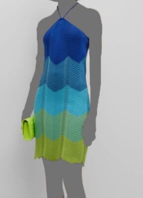 $362 Paola Bernardi Women's Blue Emilia Knit Mini Halter Sheath Dress Size L