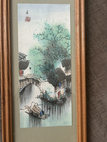 Vintage Pair Framed Chinese Landscape Mountains Watercolor Painting Signed “15x7 - Picture 8 of 18