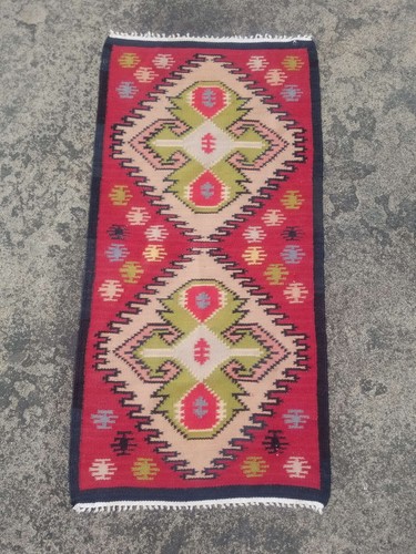 Distressed Fine Vintage Traditional Hand Made Oriental Wool Kilim 119x59cm