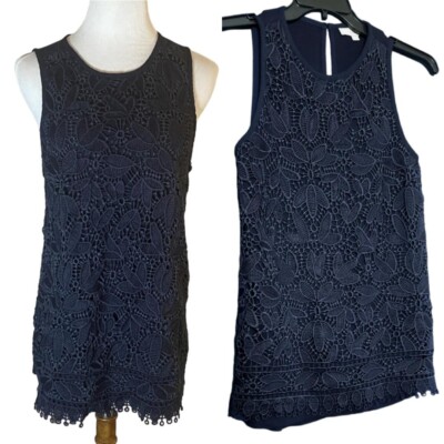 Ann Taylor Loft CROCHET Tunic Top SMALL  29'' Long Navy Blue Classic Casual Lined