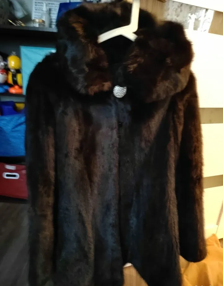 Mink fur coat Brown Stroller Trapeze Hooded Midi Size M / 1214 UK eBay