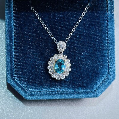 14K Two Tone Gold Finish 2.50Ct Oval Cut Blue Topaz Flower Pendant Free Chain