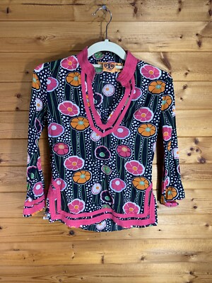 Tory Burch Girl's Black Pink Multi Color Cotton Printed Blouse, Size Large.
