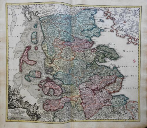 Ducado de Schleswig Alemania Dinamarca c. 1750 Homann folio mapa decorativo - Imagen 1 de 5