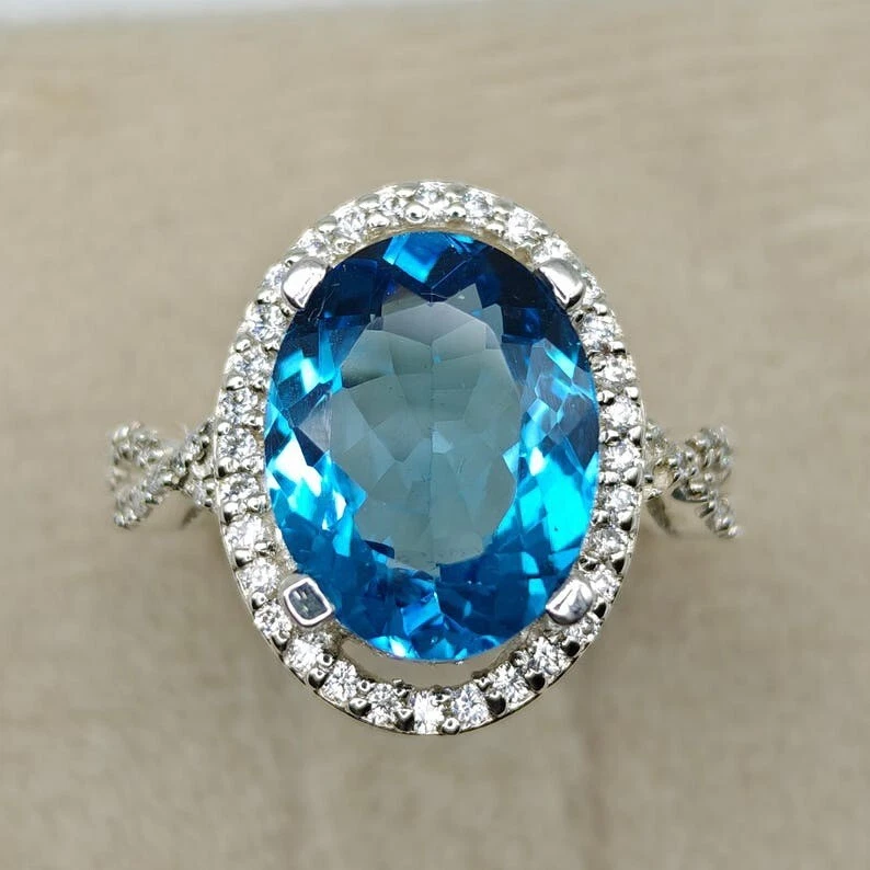 Natural Swiss Blue Topaz Halo Ring 925 Sterling Silver Gemstone with Moissanite - Image 3 of 4