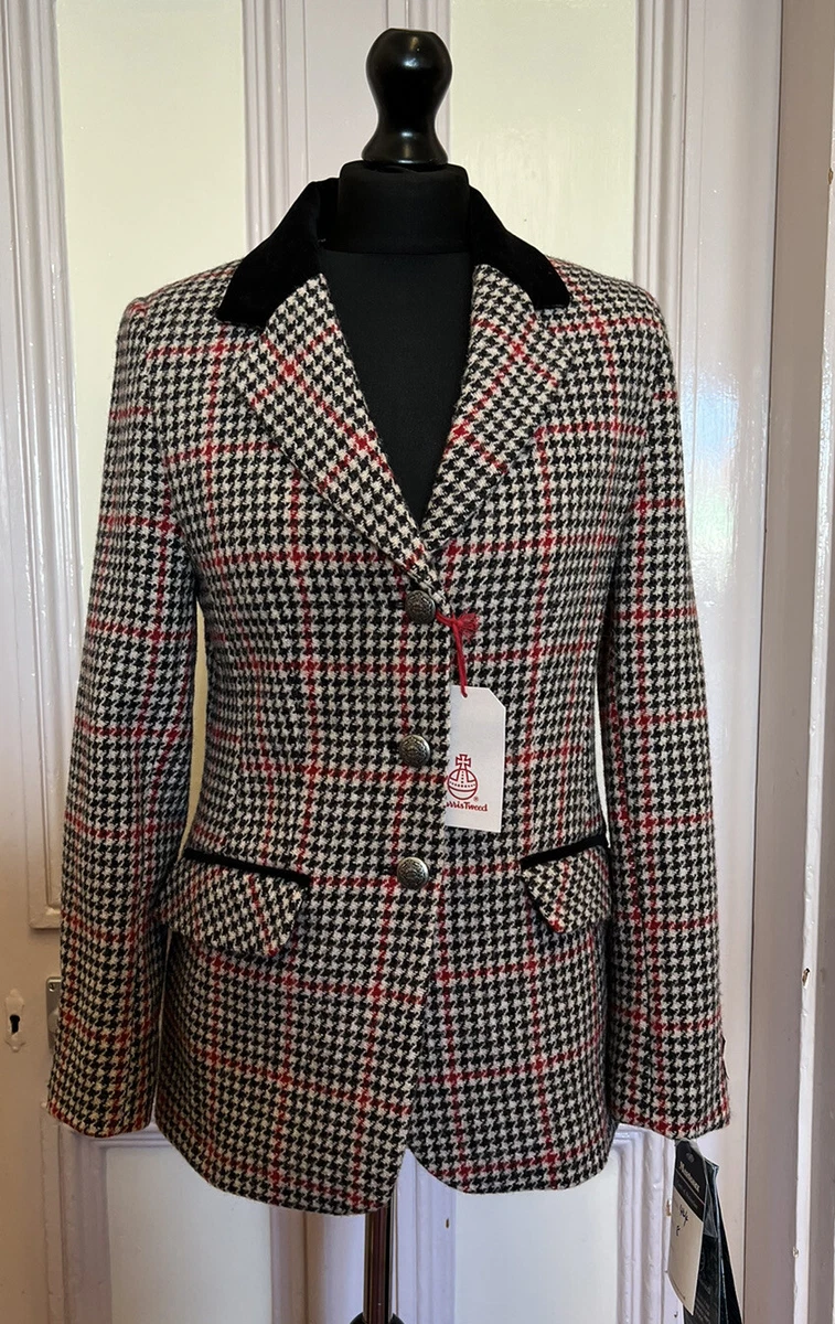 New Ladies Harris Tweed 100 Wool Black Red White Dog Tooth Check Jacket Size 16