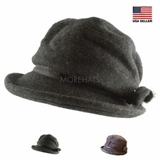 Wool Slouchy Thick Warm Cloche Bucket Packable Winter Dressy Church Hat with Bow