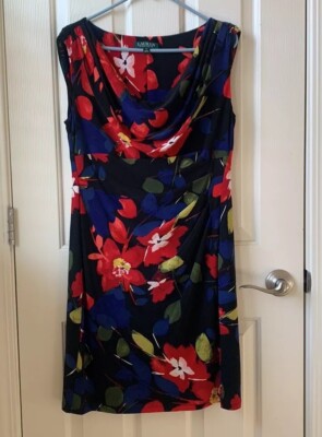 Ralph Lauren Floral Print Cowl Neck Jersey Dress Size 14 Petite