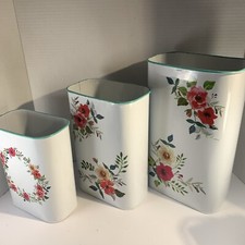 Set 3 White Metal Containers Red Roses Aqua Border Waste Basket Storage 11&rdquo;++