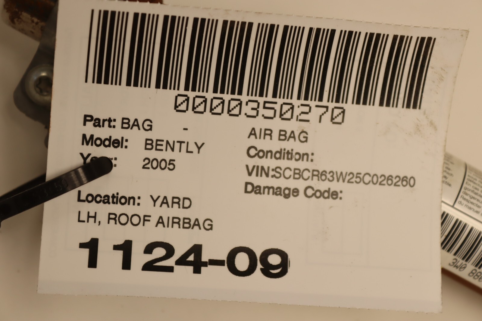 2003-2010 BENTLEY CONTINENTAL GT LEFT DRIVER SIDE ROOF CURTAIN HEAD AIR BAG OEM